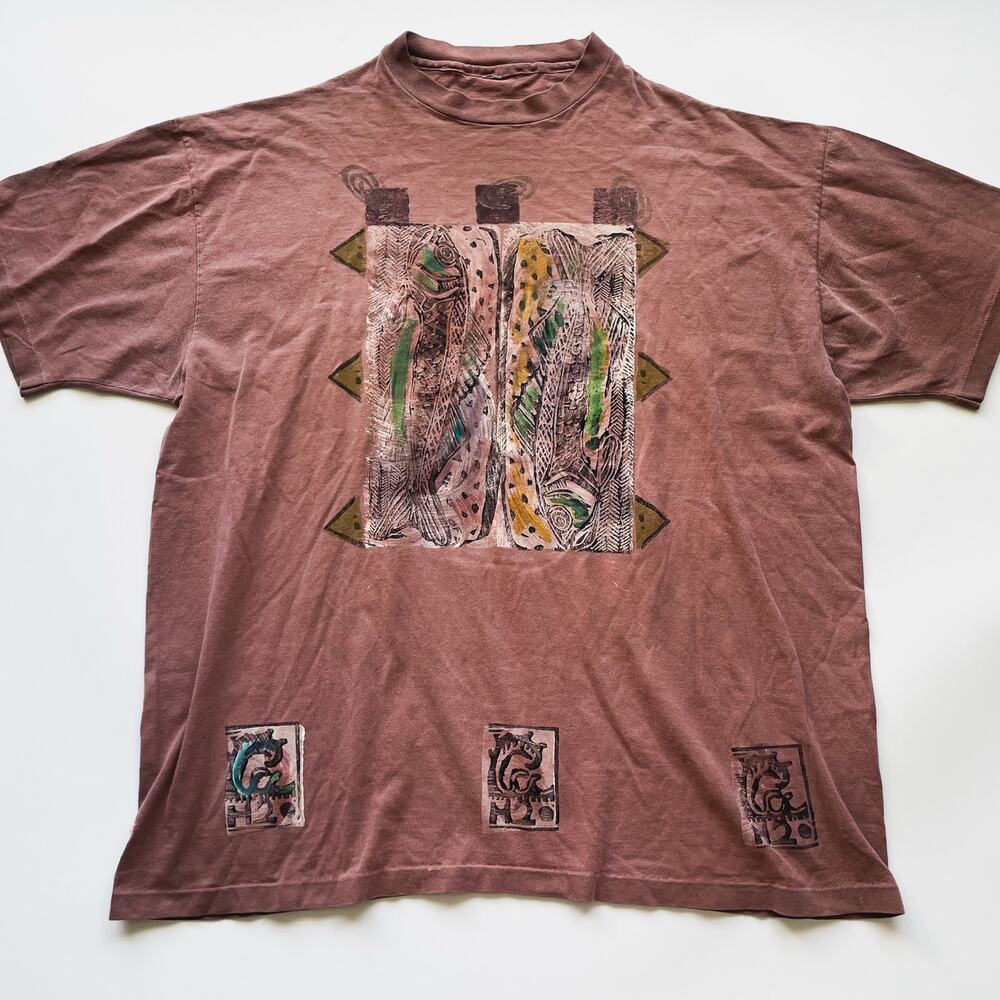 VINTAGE Blue Fish Brown Abstract Tribal Art Fish Graphic T-shirt Men XL 90s